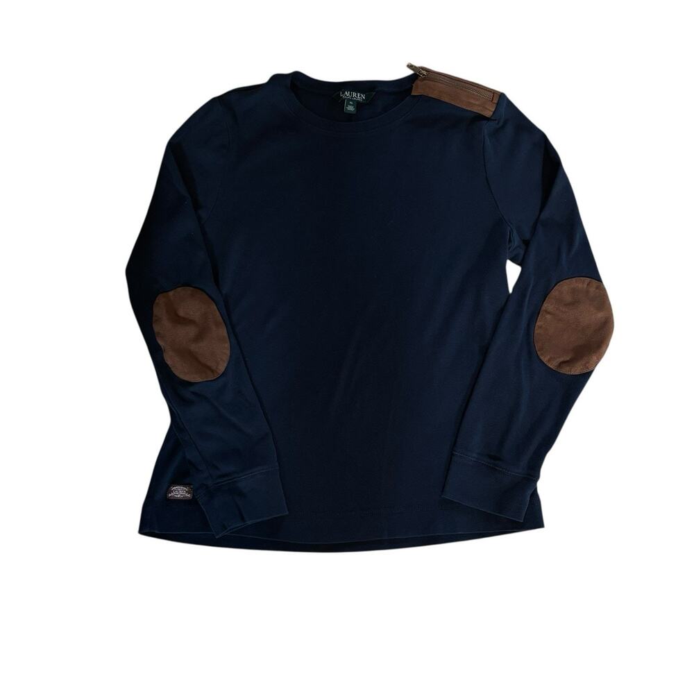 LRL Ralph Lauren Navy Slim Blue Long Sleeve Tee Suede Detail Women’s Small Tag L